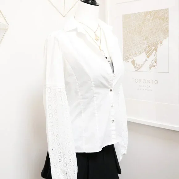 White Lace Sleeve Button Down Blouse 🕷️ ROMIMONA - Picture 3 of 7